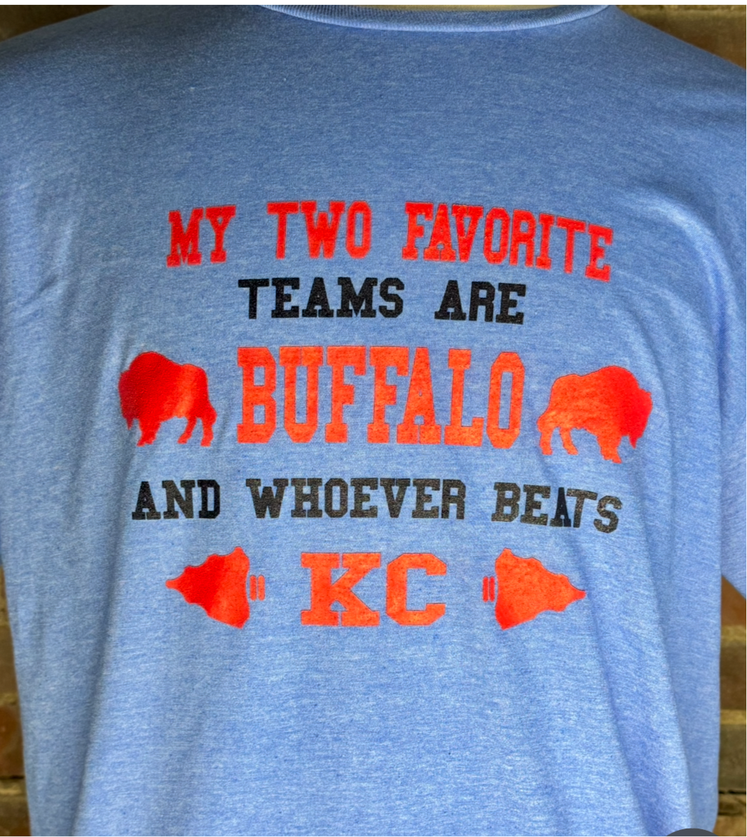 Favorite teams Buffalo vs.KC.Vintage heather blue t-shirt.