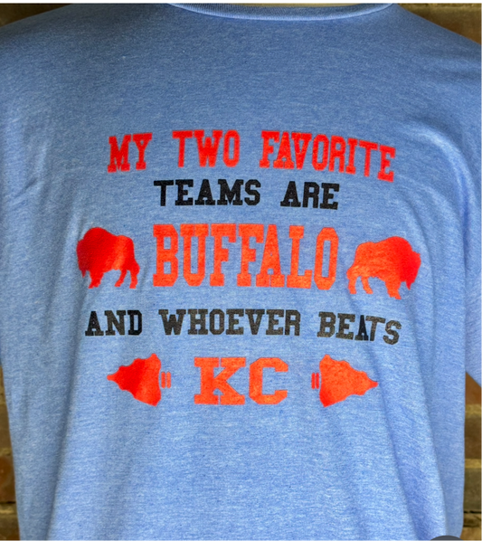 Favorite teams Buffalo vs.KC.Vintage heather blue t-shirt.