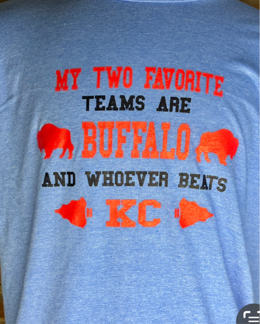 Favorite teams Buffalo vs.KC.Vintage heather blue t-shirt.